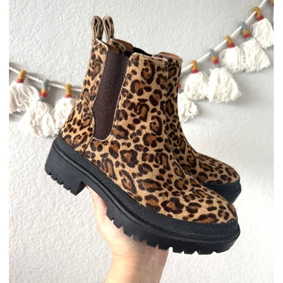 Lucky Brand Lk Emali 2 Cow Fur Wool Leopard Lug Ankle Boots Brown Grunge Pinup - Picture 1 of 9